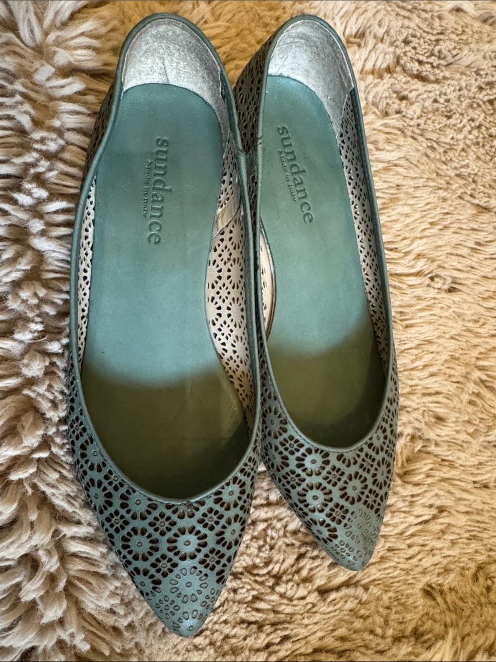 Sundance All Leather Women Green Floral Cutout Flats Vero Cuoio Made Italy Sz 37